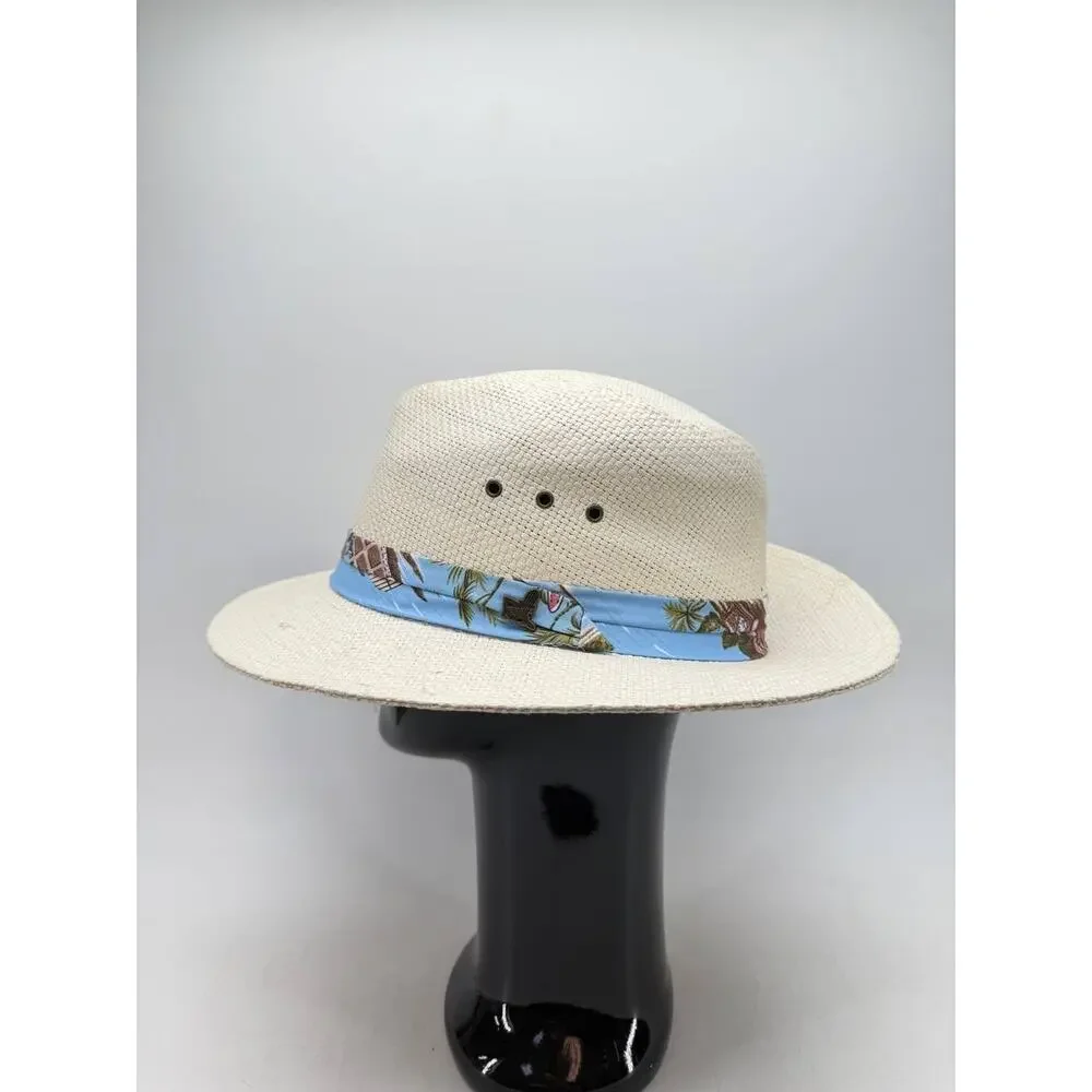 Island Beach Women's Large Paper Straw Wide Brim Sun Hat Tropical Band Beige